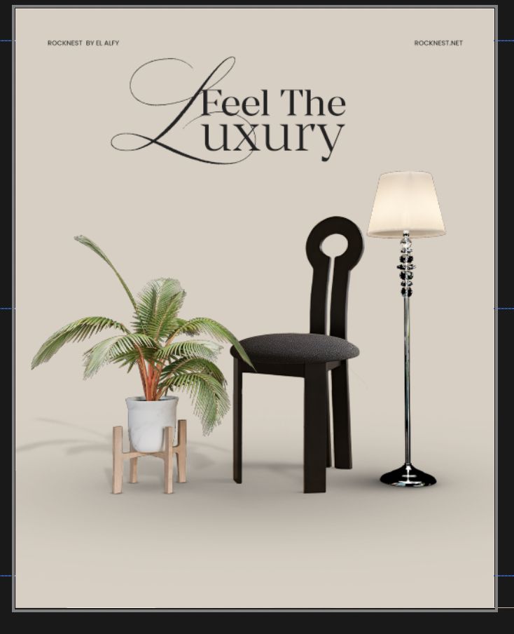 Rocknest by El Alfy luxury furniture campaign with Feel The Luxury headline, featuring chair and lamp product styling