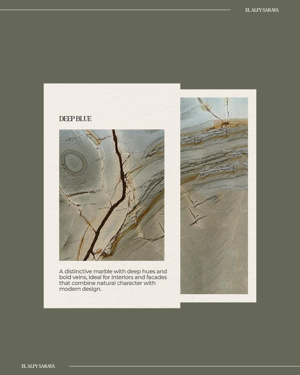 El Alfy Saraya Deep Blue marble campaign design with editorial layout showing stone texture details and product description