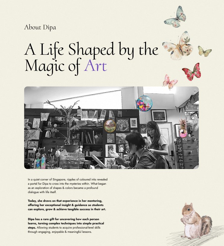 About Dipa page design featuring hand-drawn illustrations, biography section, and whimsical art-school aesthetic