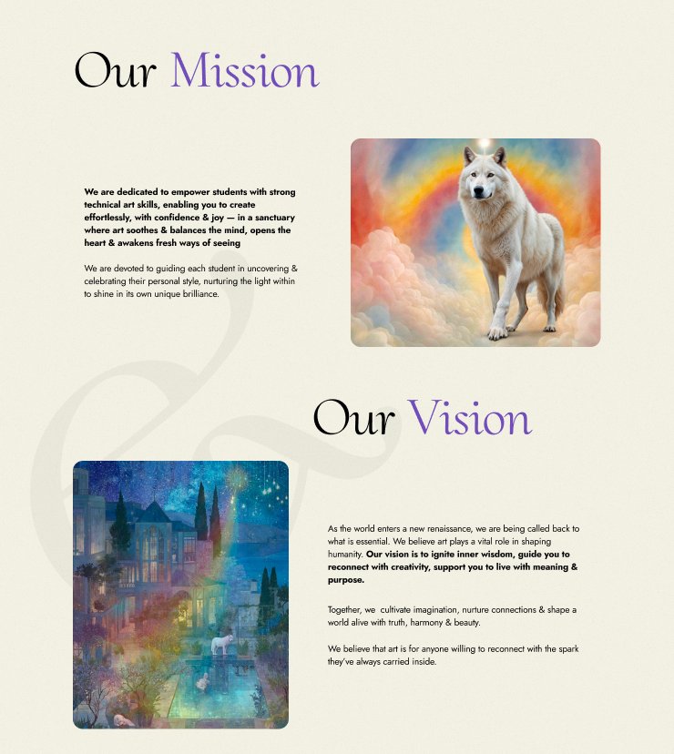 Mission and Vision page with illustrated elements, wolf imagery, and fantasy-inspired visual storytelling