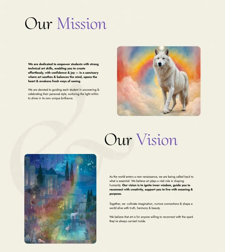 Mission and Vision page with illustrated elements, wolf imagery, and fantasy-inspired visual storytelling