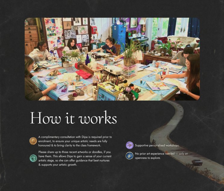 How It Works section showing workshop environment with students creating art, and enrollment process