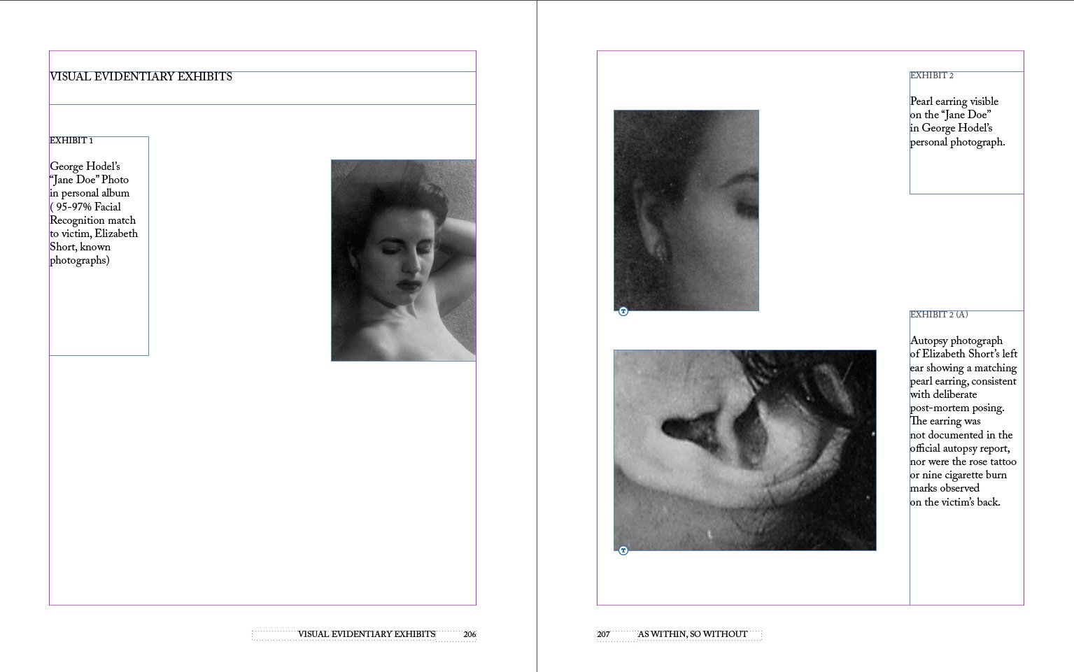 Interior spread from As Within, So Without showing exhibit pages with evidentiary photographs and structured grid layout in Adobe InDesign